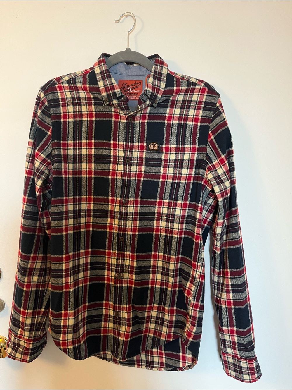 Superdry Men’s Red, Navy and White Plaid Button-Down Shirt